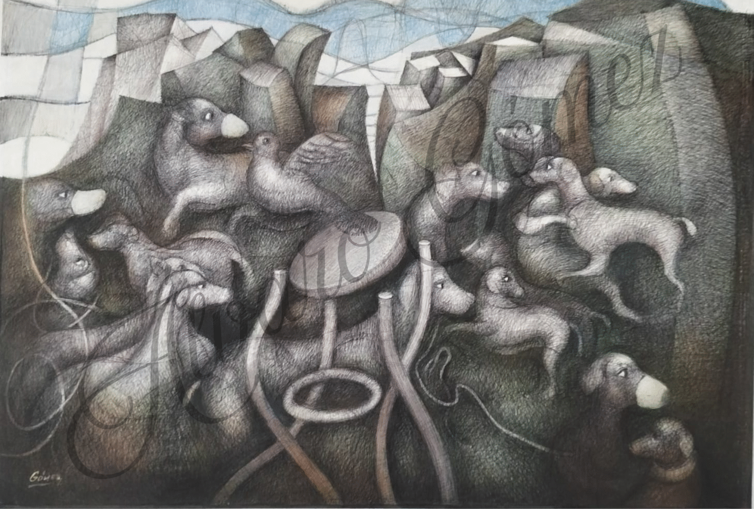 Perros con bozal que van de un lado para otro como dispersos pero queriendo jugar