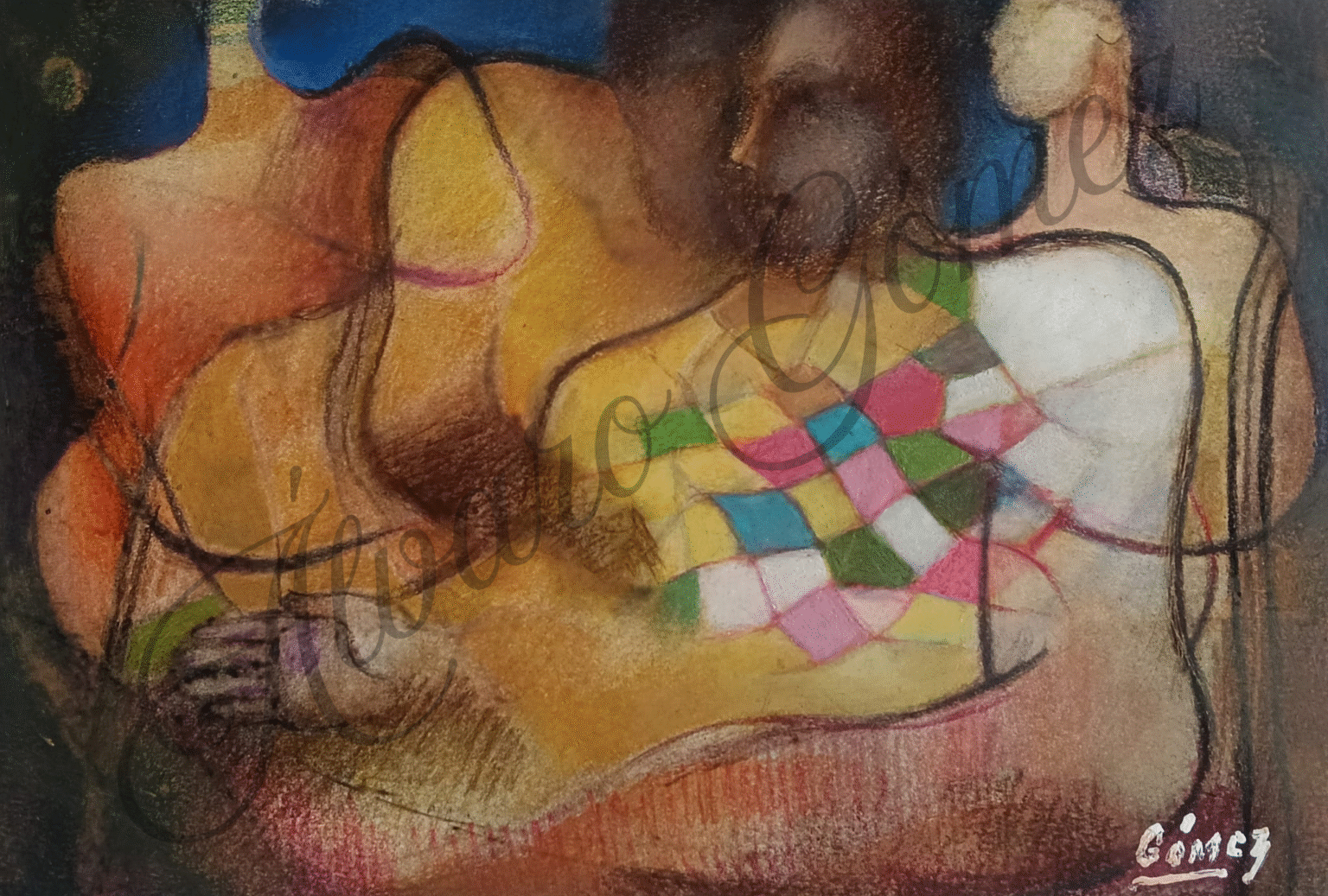 Mujer envuelta en sabanas de cuadros